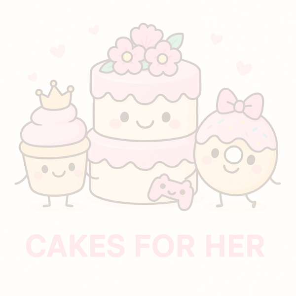 Adorable pastel illustration labeled “CAKES FOR HER” featuring a smiling two-tiered pink cake with flowers, a cupcake wearing a crown, and a donut with a pink bow, all surrounded by soft pink hearts on a light beige background.