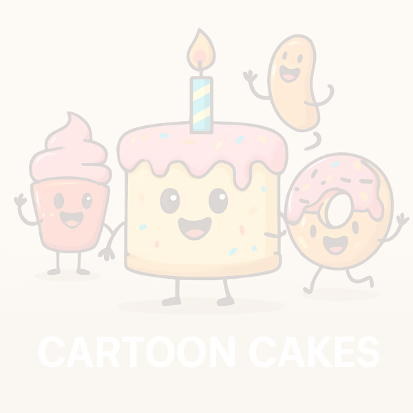 Cartoon cake illustration with happy-faced characters including a cupcake, donut, candle, and a smiling birthday cake on a beige background. White "Cartoon Cakes" text at the bottom.