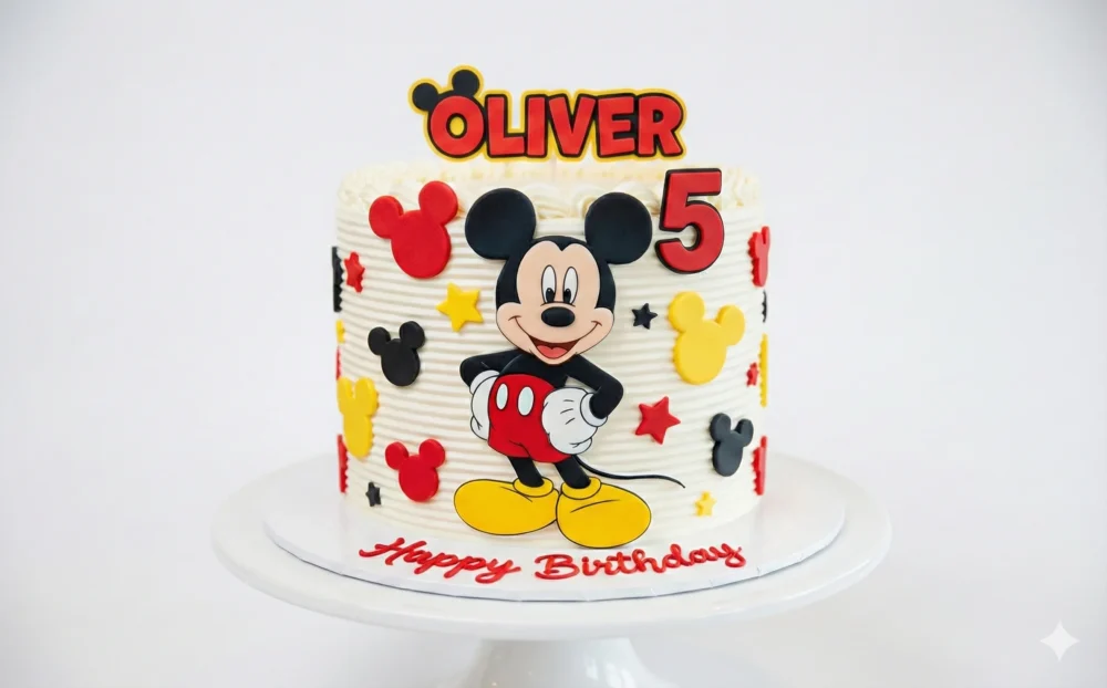 Mickey Mouse Cake - winnys dubai Custom Mickey Mouse birthday cake featuring a fondant Mickey topper, colorful star decorations, and the number 5 on a white frosted base, displayed on a cake stand at Winny's Bakery Dubai.