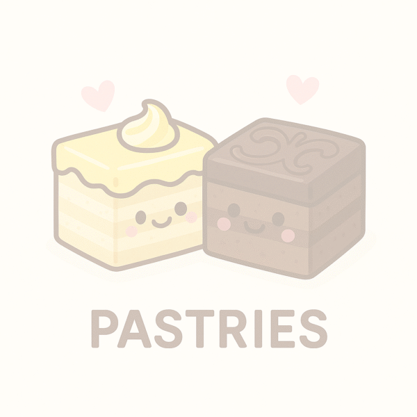 Pastries Category Kawaii-style illustration of two cute dessert characters — a yellow sponge cake slice with creamy swirls and a smiling chocolate cake square with decorative topping — both with blushing cheeks and friendly faces. Set against a cream background with two floating pink hearts and the word “PASTRIES” in bold brown font.