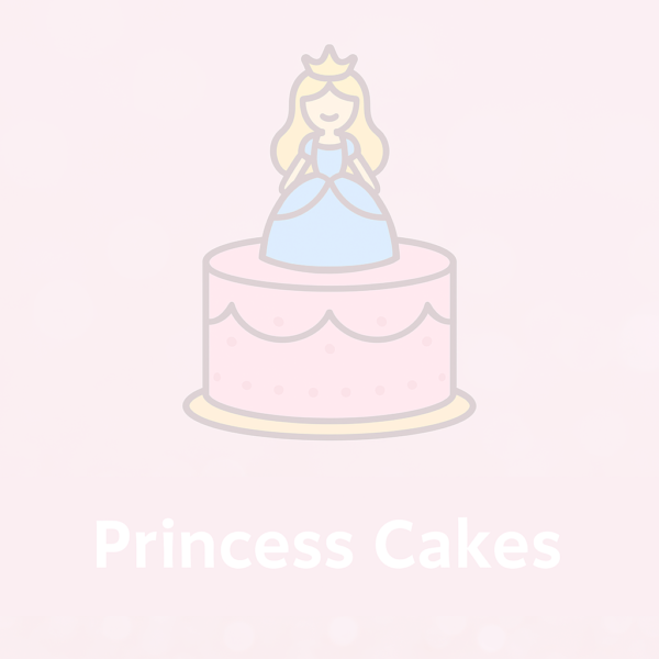 Illustration of a pink princess cake topped with a cartoon princess figure on a pastel pink background.
