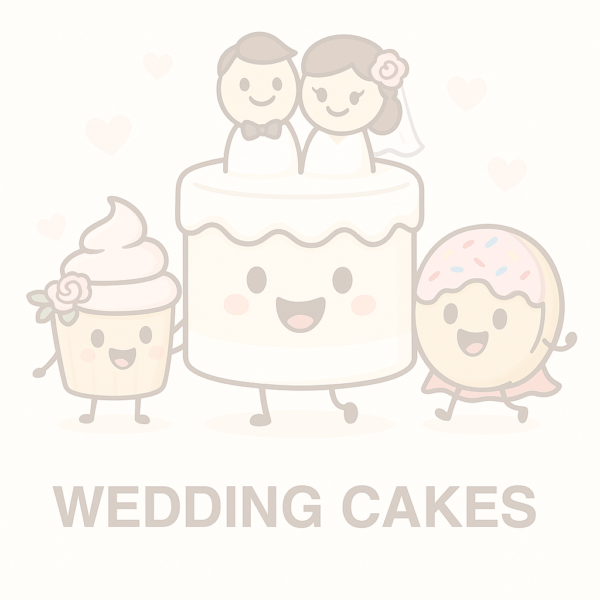Cute digital illustration of a smiling wedding cake with a bride and groom topper, accompanied by a cupcake with a flower and a donut with sprinkles, surrounded by soft pink hearts and labeled “WEDDING CAKES” at the bottom.