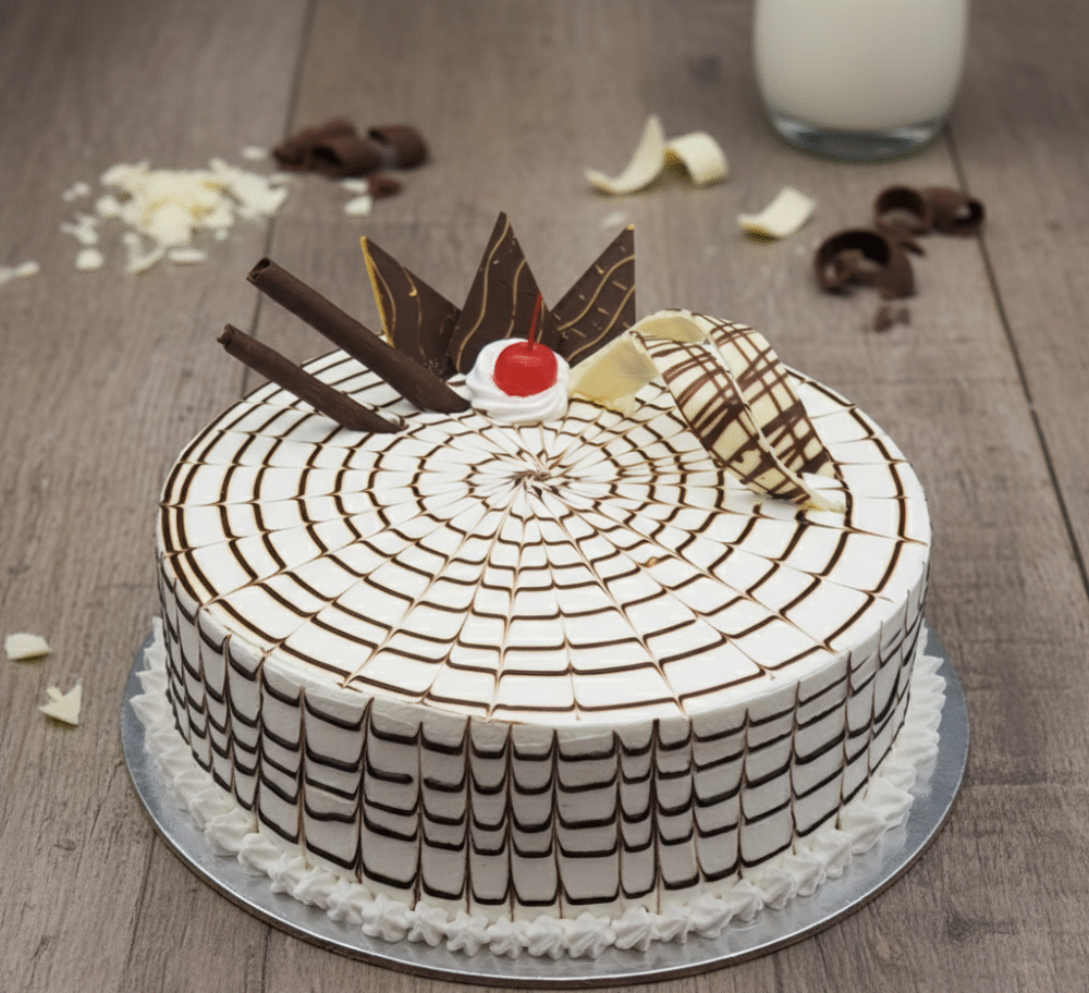 Chocobon Cake Elegant round Chocobon cake with white and dark chocolate spiderweb design, chocolate curls, and a cherry on a wooden background.