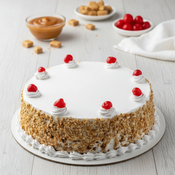 Round butterscotch nougat cake with a white cream top, crunchy toasted nut sides, and cherry garnish.