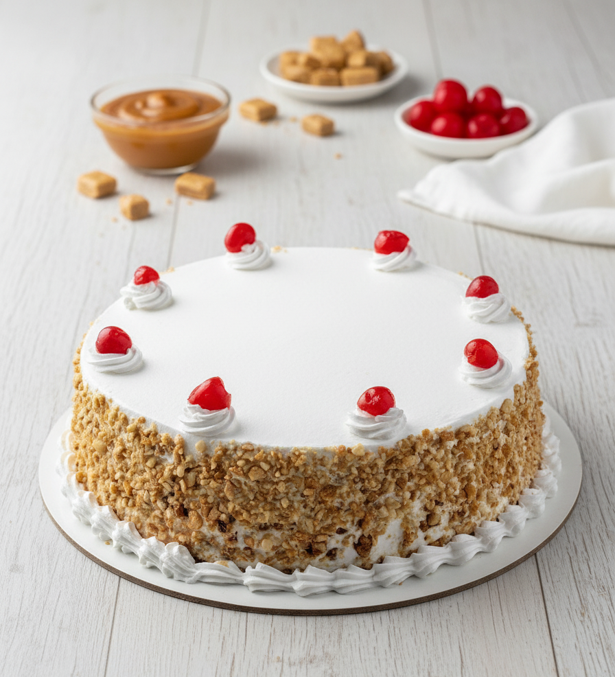 Round butterscotch nougat cake with a white cream top, crunchy toasted nut sides, and cherry garnish.