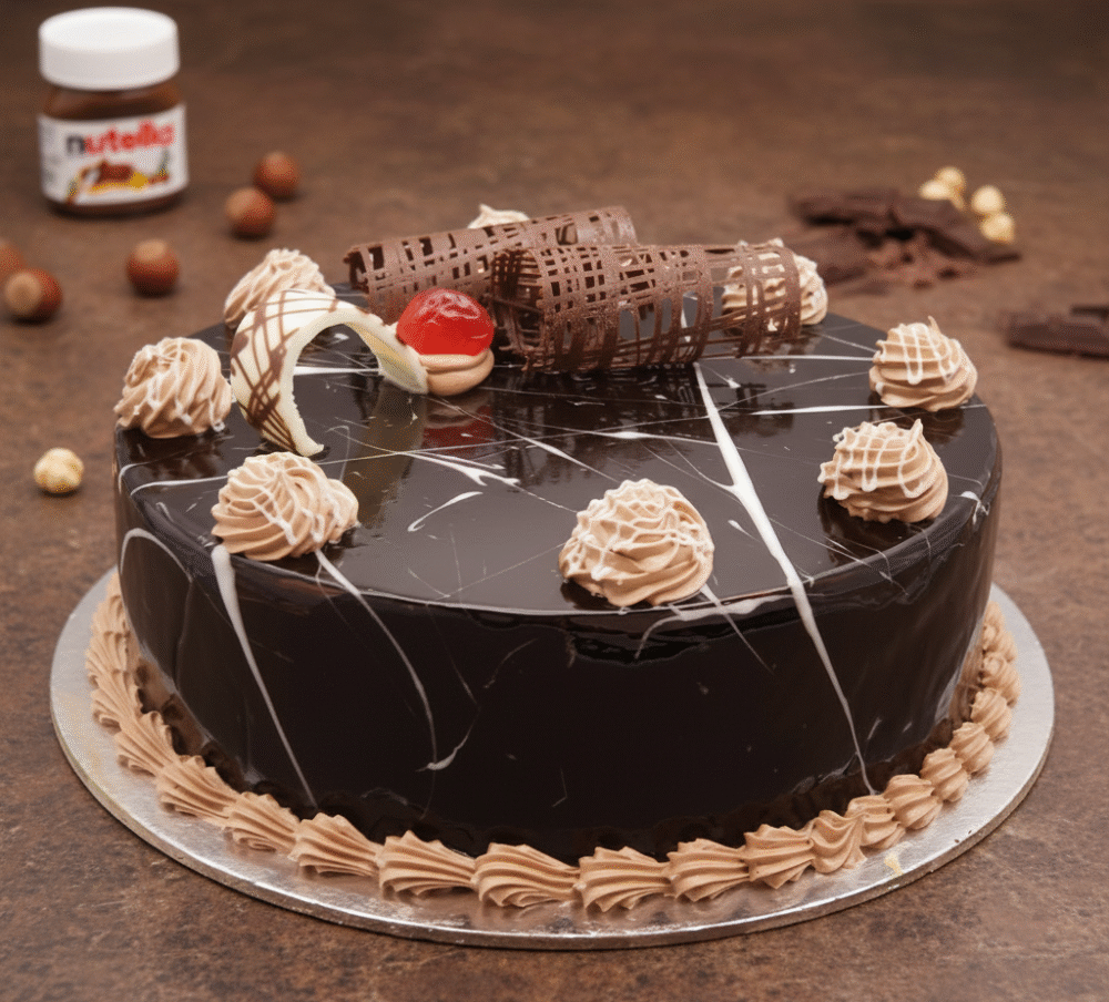 Nutella Cake round Nutella chocolate cake with glossy glaze, white chocolate drizzle, cream swirls, chocolate curls, and a cherry on a rustic brown background.