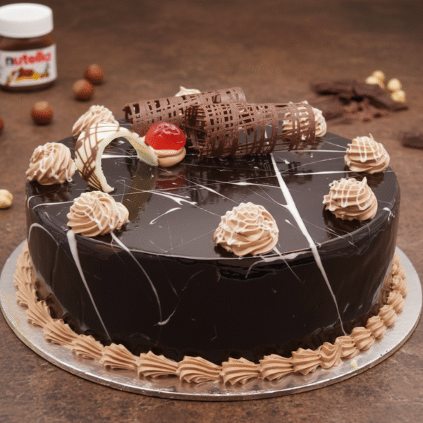 round Nutella chocolate cake with glossy glaze, white chocolate drizzle, cream swirls, chocolate curls, and a cherry on a rustic brown background.