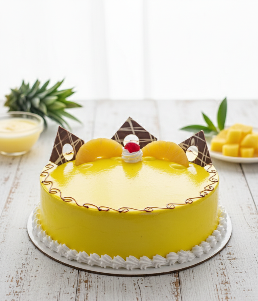 Pineapple Cake Bright yellow round pineapple cake with whipped cream border, fresh pineapple slices, cherry, and chocolate garnish.