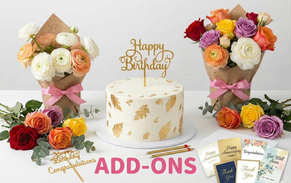 A stylish flat-lay promotional image for a bakery 'Add-Ons' category. The text 'ADD-ONS' appears in elegant white font at the top. In the center, a white frosted cake with gold leaf accents sits on a wooden cake stand. Surrounding the cake on a soft gray background are various celebration accessories, including a 'Happy Birthday' greeting card, a bundle of gold metallic candles, a clear 'Best Wishes' cake topper, and fresh peach-colored roses with greenery.