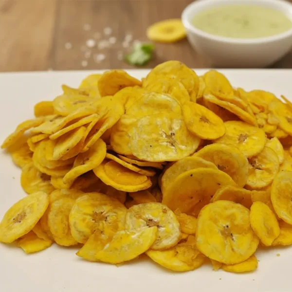 Golden fried Mangalorean banana chips piled high on a square white plate, set on a wooden table with a side of green chutney and coarse salt, traditional Christmas Kuswar savoury snack.