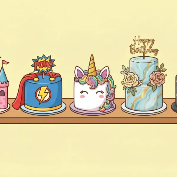 Cartoon illustration of assorted birthday cakes featuring both colorful kids' designs and elegant adult styles, representing the Birthday Cakes category at Winny's Restaurant in Karama, Dubai.