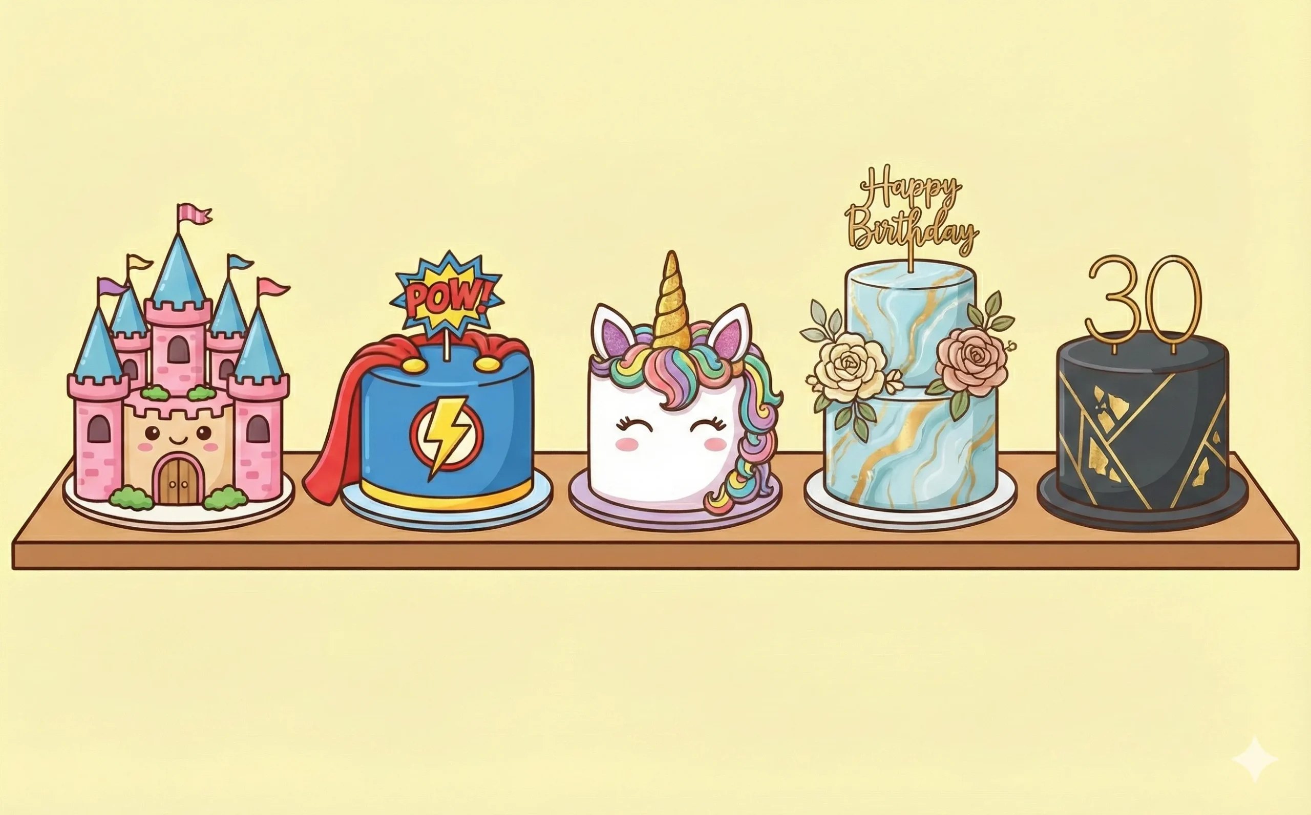 Birthday Cakes Category - Winny's Bakery Cartoon illustration of assorted birthday cakes featuring both colorful kids' designs and elegant adult styles, representing the Birthday Cakes category at Winny's Restaurant in Karama, Dubai.