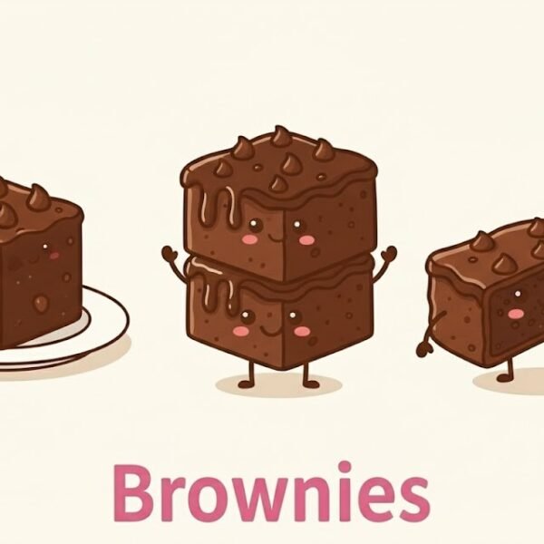 Brownies Category Image A cartoon illustration featuring three cute, anthropomorphic chocolate brownies standing in a row with happy faces, small arms, and legs. On the left is a classic square brownie with a crackly top. In the center is a brownie topped with a dollop of vanilla ice cream (referencing the sizzler). On the right is a nutty brownie with walnut pieces. Below the characters, the word "BROWNIES" is written in bold pink capital letters.