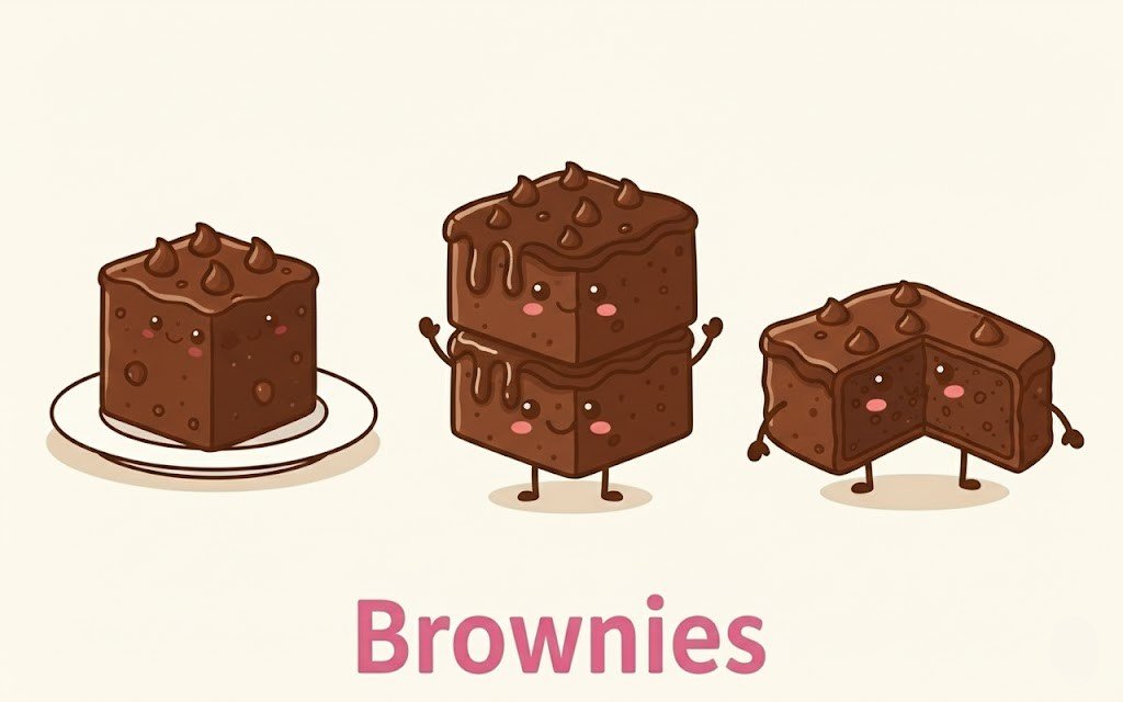 A cartoon illustration featuring three cute, anthropomorphic chocolate brownies standing in a row with happy faces, small arms, and legs. On the left is a classic square brownie with a crackly top. In the center is a brownie topped with a dollop of vanilla ice cream (referencing the sizzler). On the right is a nutty brownie with walnut pieces. Below the characters, the word "BROWNIES" is written in bold pink capital letters.
