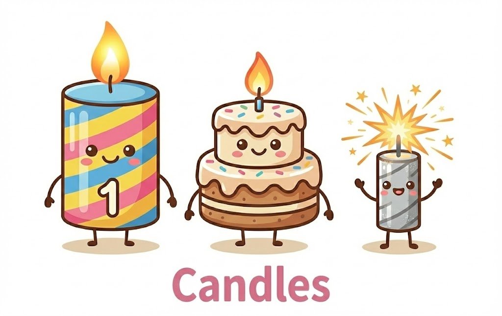 A cartoon illustration featuring three cute, anthropomorphic cake candles standing in a row with happy faces, small arms, and legs. On the left is a classic striped birthday candle. In the center is a number-shaped candle. On the right is a sparkler candle emitting festive sparks. Below the characters, the word "CANDLES" is written in bold pink capital letters.