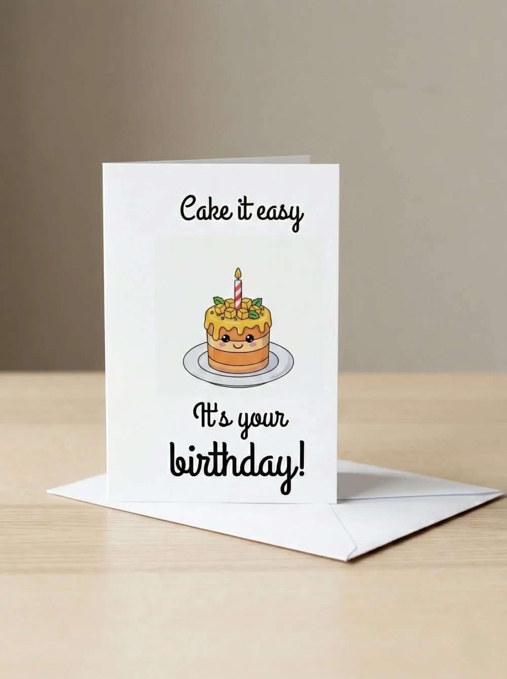 Cake it easy it’s your birthday greeting card with cute cake illustration