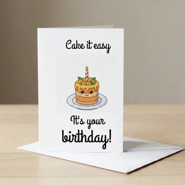 Cake it easy it’s your birthday greeting card with cute cake illustration