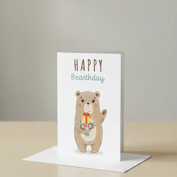 Happy Bearthday birthday greeting card with cute bear holding flowers and gift