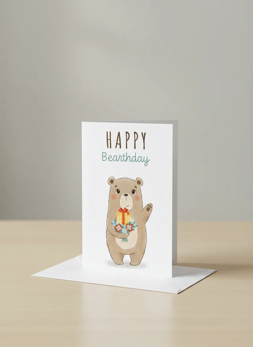Card - Birthday - Happy Bearthday Happy Bearthday birthday greeting card with cute bear holding flowers and gift
