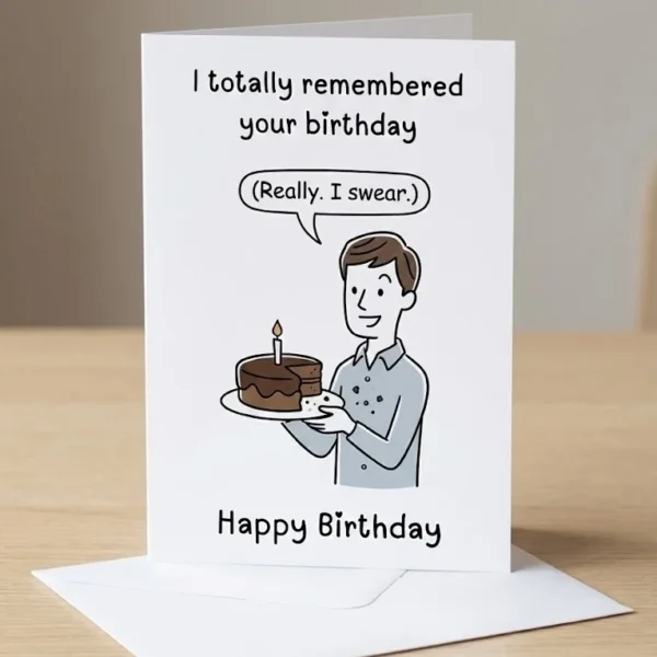 Funny birthday greeting card saying I totally remembered your birthday with illustration of person holding cake