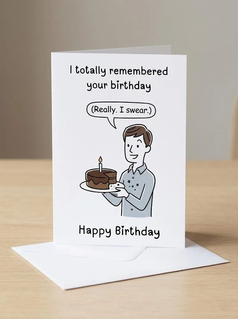 Funny birthday greeting card saying I totally remembered your birthday with illustration of person holding cake