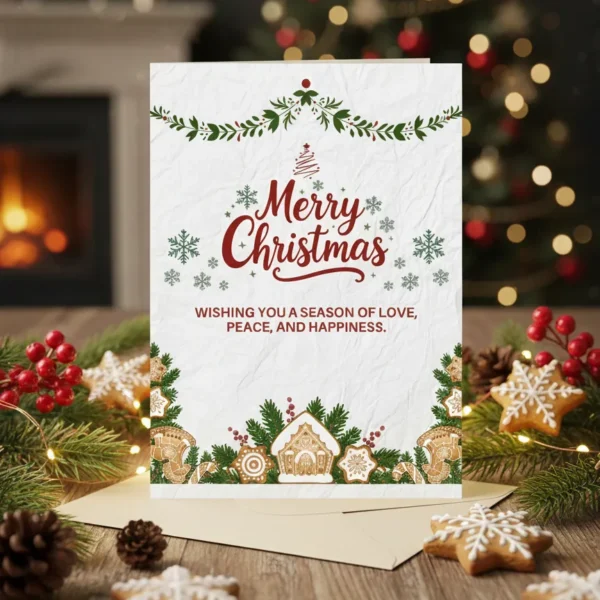 Merry Christmas greeting card with festive greenery snowflakes and holiday message