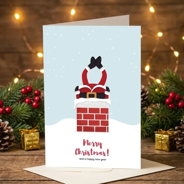 Funny Christmas greeting card with Santa stuck upside down in a chimney and Merry Christmas message