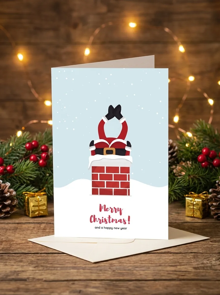Funny Christmas greeting card with Santa stuck upside down in a chimney and Merry Christmas message