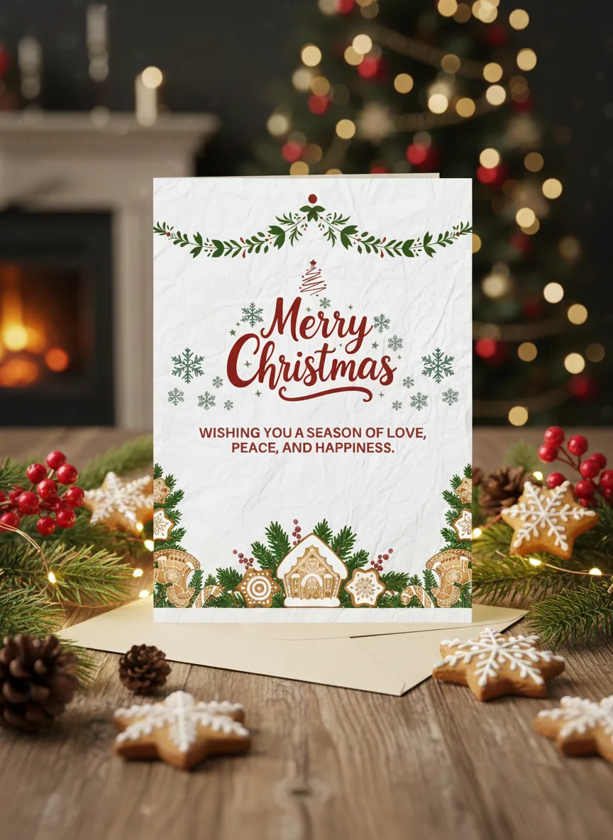 Card - Christmas - Merry Christmas Merry Christmas greeting card with festive greenery snowflakes and holiday message