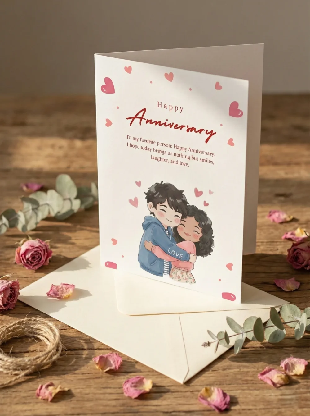 Happy Anniversary greeting card with cute illustrated couple hugging and hearts