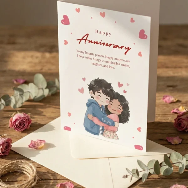 Happy Anniversary greeting card with cute illustrated couple hugging and hearts