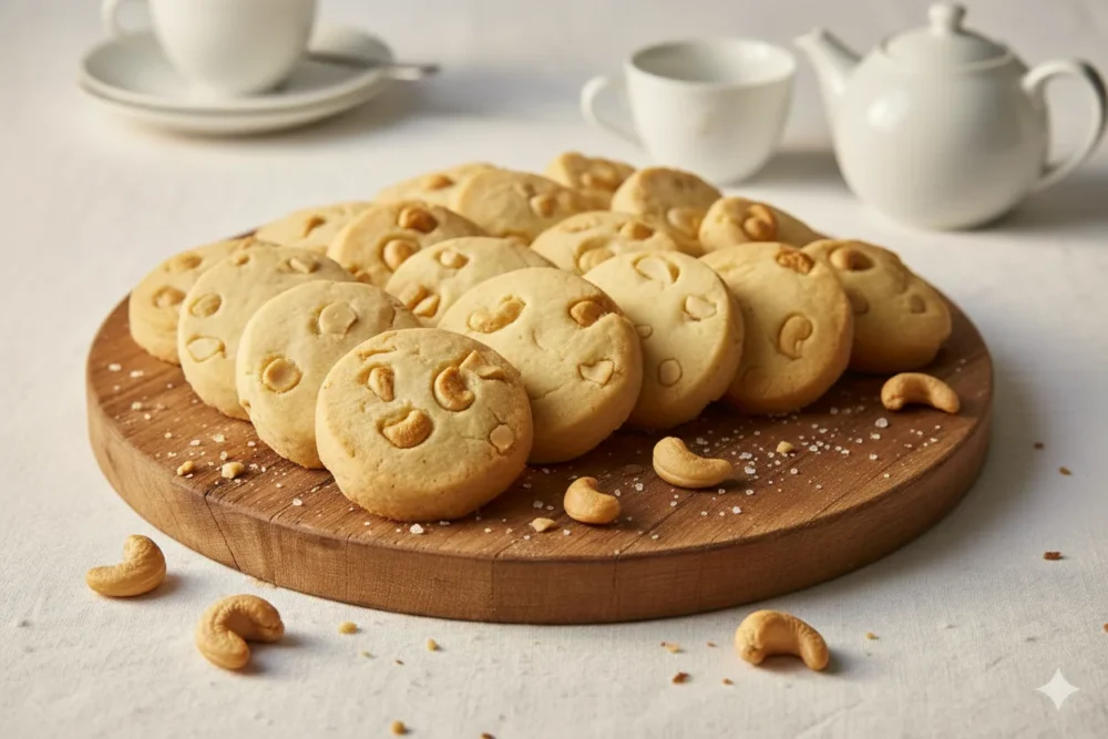 Cashew Shortbread Cookie Buttery cashew shortbread cookies on a wooden board, freshly baked in Dubai (Winny’s Al Karama)