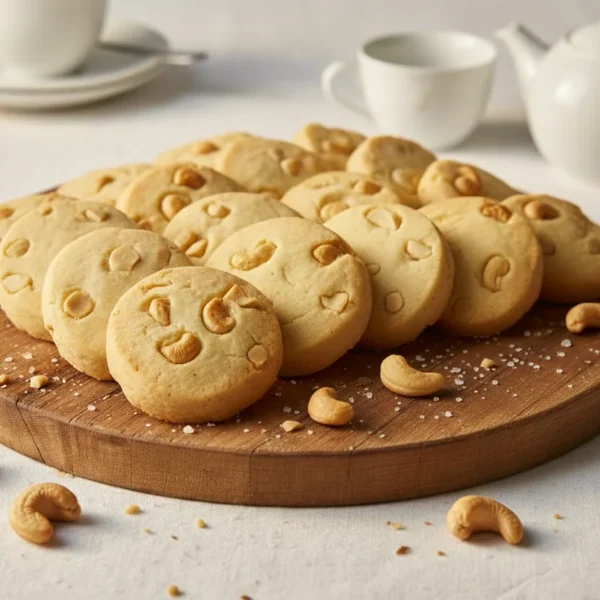 Buttery cashew shortbread cookies on a wooden board, freshly baked in Dubai (Winny’s Al Karama)