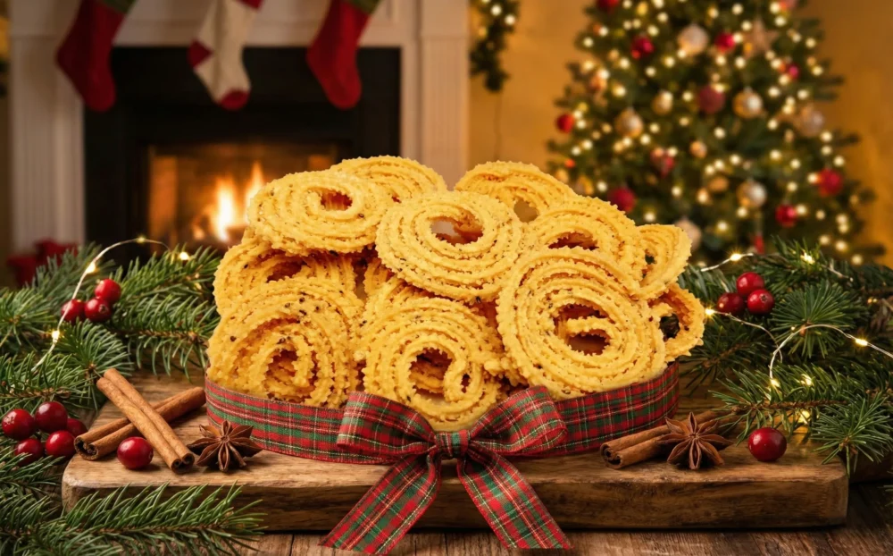Eye-level view of a large stack of golden-brown spiral Chaklis (Murukku) arranged on a wooden board, wrapped with a festive red and green plaid ribbon. The background features a warm fireplace and a lit Christmas tree.