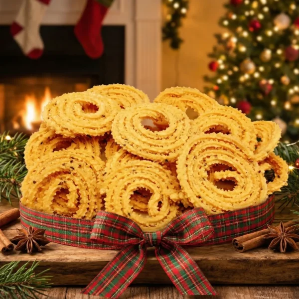 Eye-level view of a large stack of golden-brown spiral Chaklis (Murukku) arranged on a wooden board, wrapped with a festive red and green plaid ribbon. The background features a warm fireplace and a lit Christmas tree.
