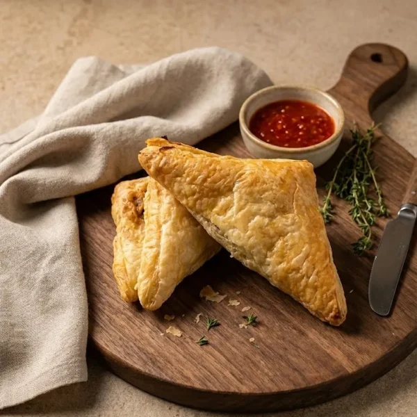 Flaky chicken puff pastry served on a wooden board with dipping sauce.