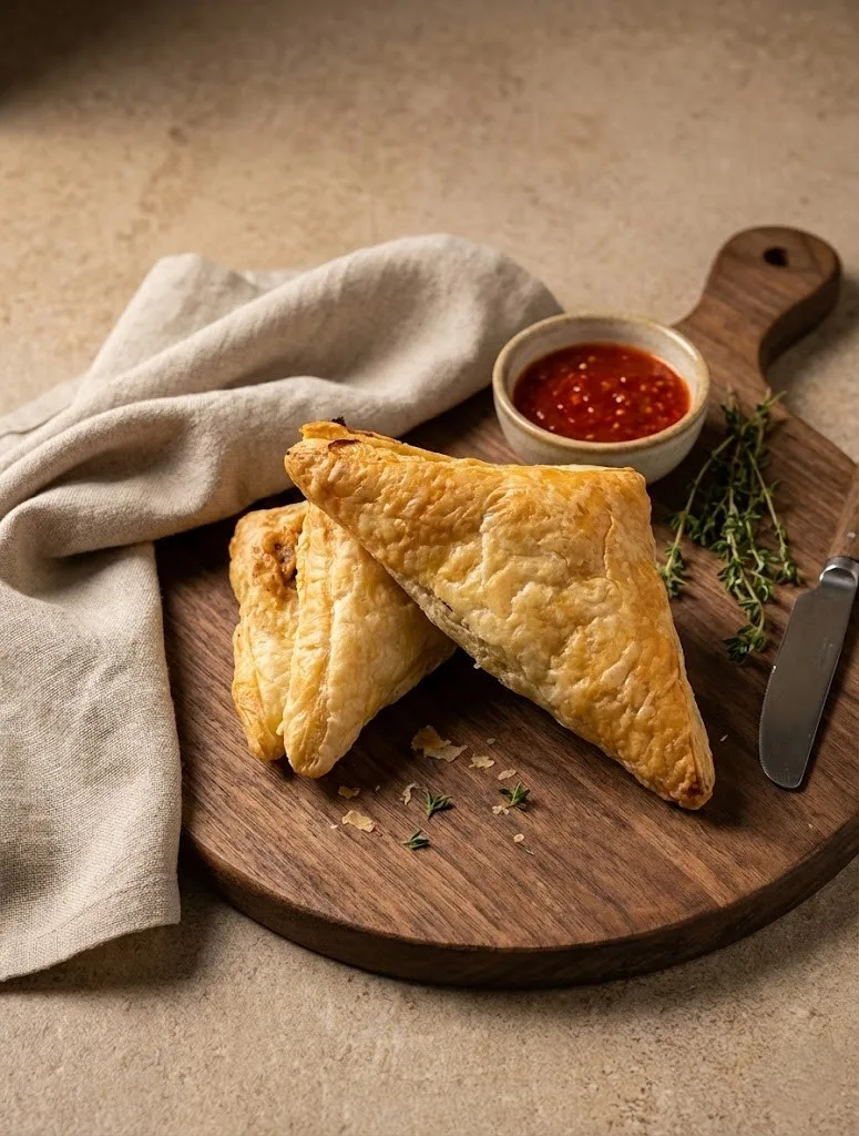 Flaky chicken puff pastry served on a wooden board with dipping sauce.