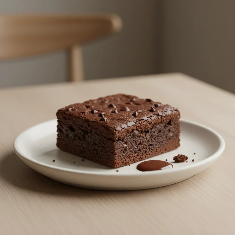 A close-up view of a thick, square chocolate brownie with a moist fudgy texture and a crackly top surface, isolated on a neutral background.