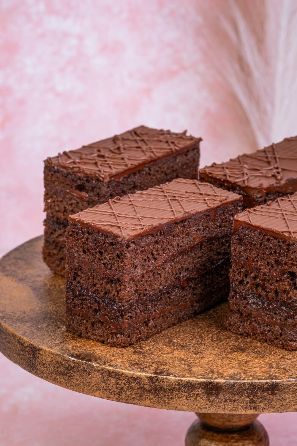 Moist chocolate pastry slice with layered chocolate sponge and smooth chocolate topping