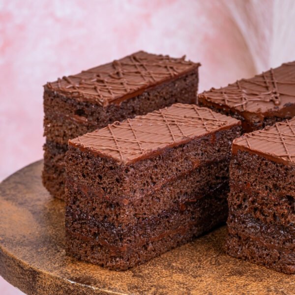 Moist chocolate pastry slice with layered chocolate sponge and smooth chocolate topping