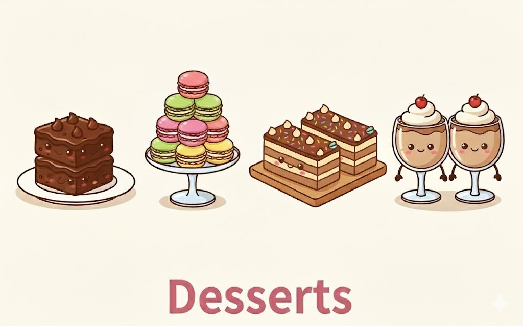 Desserts Category Image A cartoon illustration featuring four cute, anthropomorphic dessert characters standing in a row with happy faces, small arms, and legs. From left to right: a square chocolate brownie, a colorful round macaron, a rectangular slice of layered cake (pastry), and a cup of chocolate mousse. Below the characters, the word "DESSERTS" is written in bold pink capital letters.