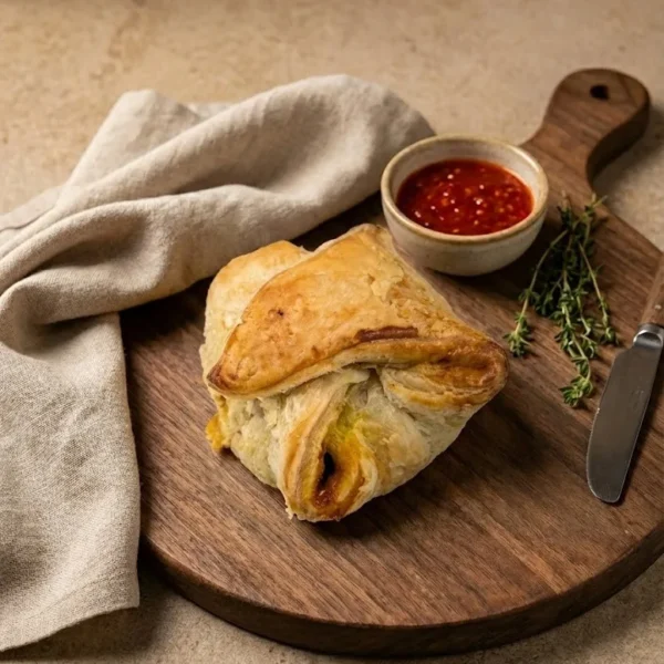 Flaky egg puff pastry served on a wooden board with dipping sauce.