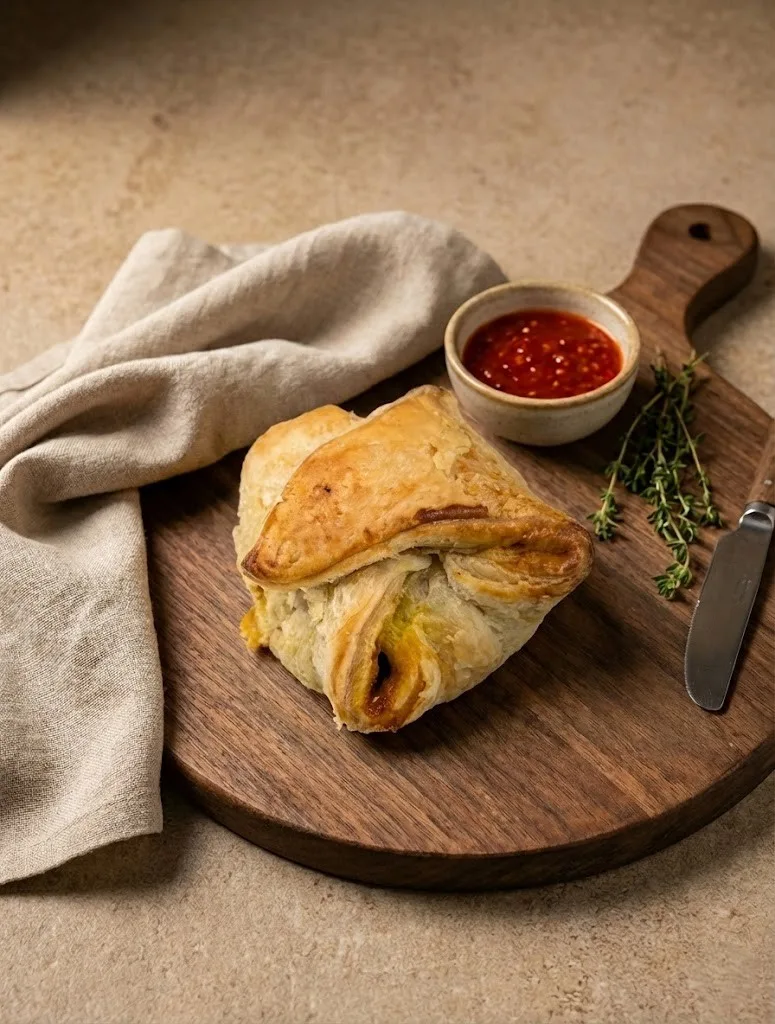 Egg puff Flaky egg puff pastry served on a wooden board with dipping sauce.