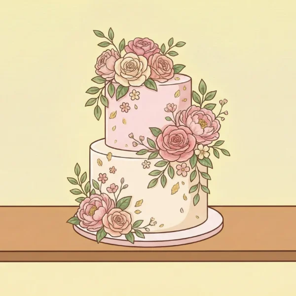 Cartoon illustration of an elegant two-tier floral cake decorated with cascading pink roses, peonies, and green leaves, resting on a wooden shelf.