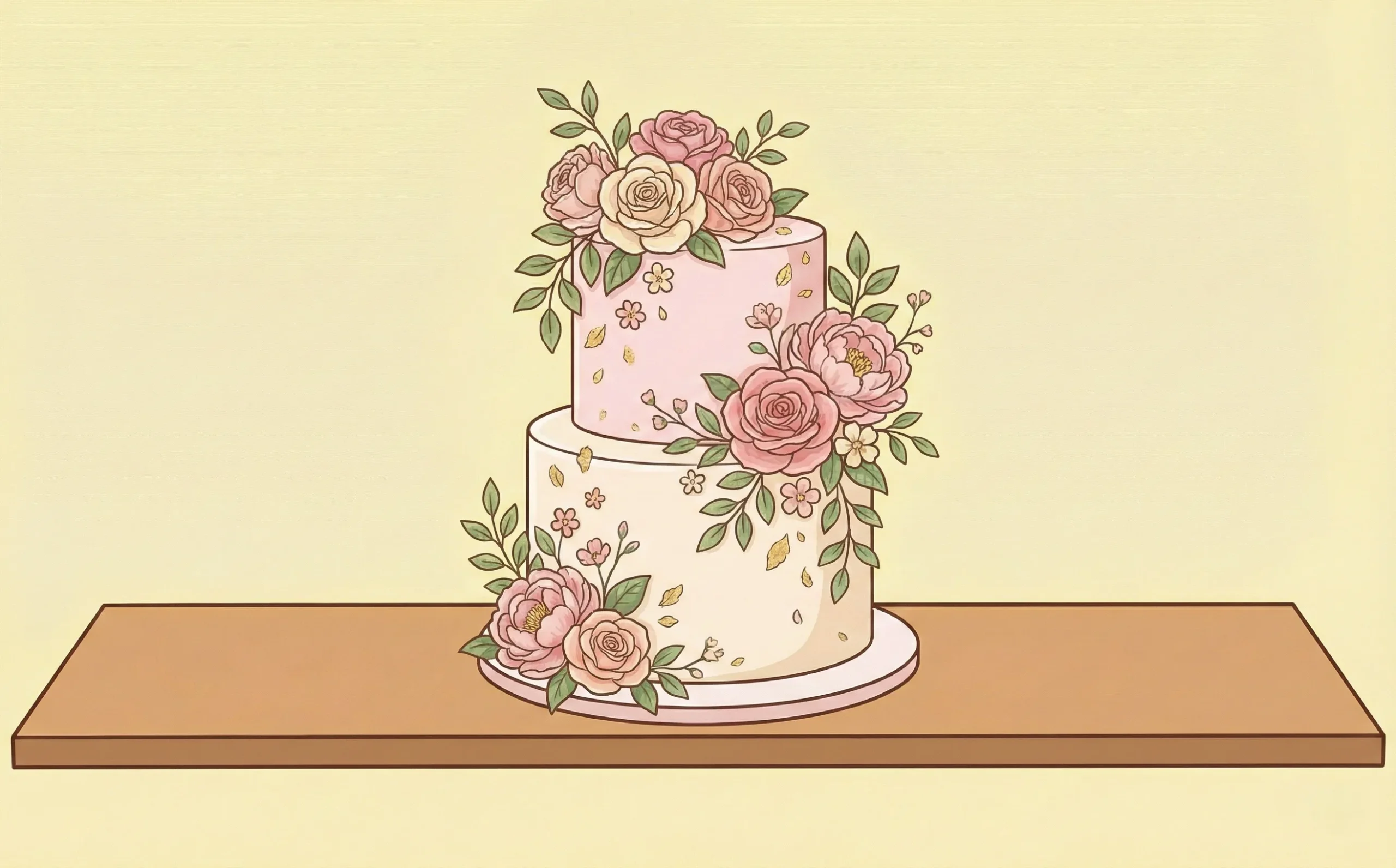 Cartoon illustration of an elegant two-tier floral cake decorated with cascading pink roses, peonies, and green leaves, resting on a wooden shelf.