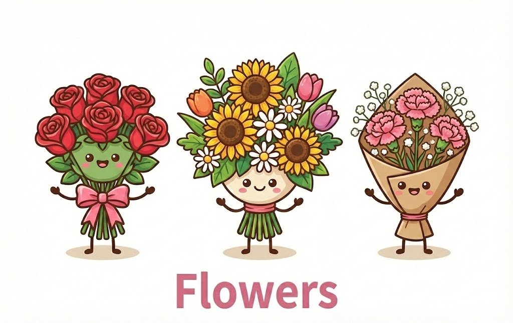A cartoon illustration featuring three cute, anthropomorphic flower bouquets standing in a row with happy faces, small arms, and legs. On the left is a classic bouquet of red roses wrapped in paper. In the center is a cheerful, colorful mixed flower bouquet. On the right is a bunch of tulips. Below the characters, the word "FLOWERS" is written in bold pink capital letters.
