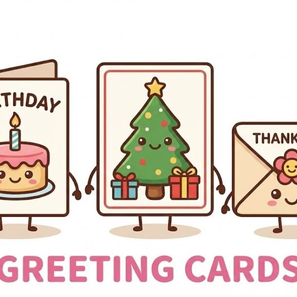 A cartoon illustration featuring three cute, anthropomorphic greeting cards with smiling faces, arms, and legs, standing in a row. On the left is a birthday card with a cake and candle, labeled "BIRTHDAY." In the center is a Christmas card with a decorated tree and gifts. On the right is an envelope with a flower, labeled "THANK YOU." Below them is the text "GREETING CARDS" in pink capital letters.
