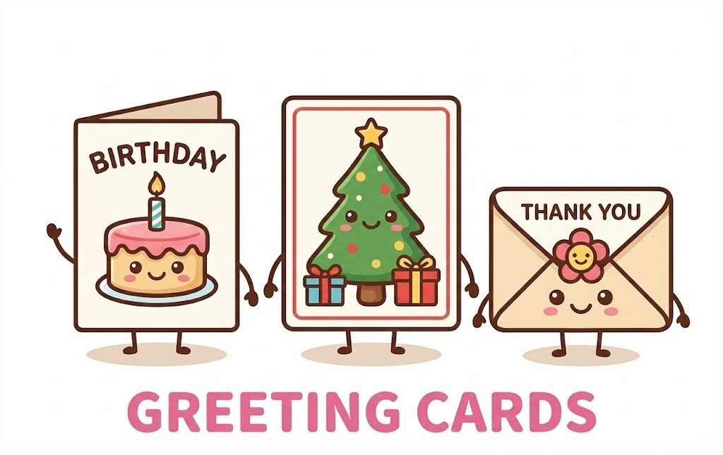 A cartoon illustration featuring three cute, anthropomorphic greeting cards with smiling faces, arms, and legs, standing in a row. On the left is a birthday card with a cake and candle, labeled "BIRTHDAY." In the center is a Christmas card with a decorated tree and gifts. On the right is an envelope with a flower, labeled "THANK YOU." Below them is the text "GREETING CARDS" in pink capital letters.
