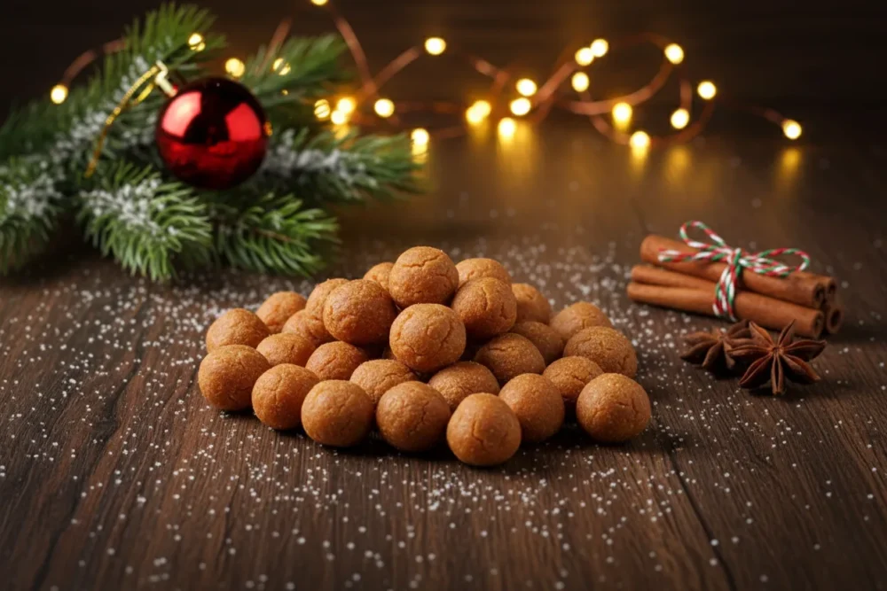 Bowl of crunchy white Mangalorean Gulio rice marbles coated in sugar frosting, placed on a festive red table runner with holly and Christmas lights in the background.