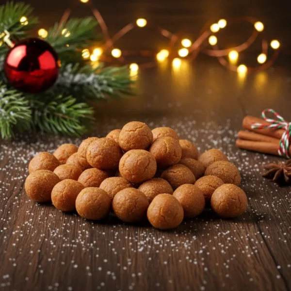 Bowl of crunchy white Mangalorean Gulio rice marbles coated in sugar frosting, placed on a festive red table runner with holly and Christmas lights in the background.